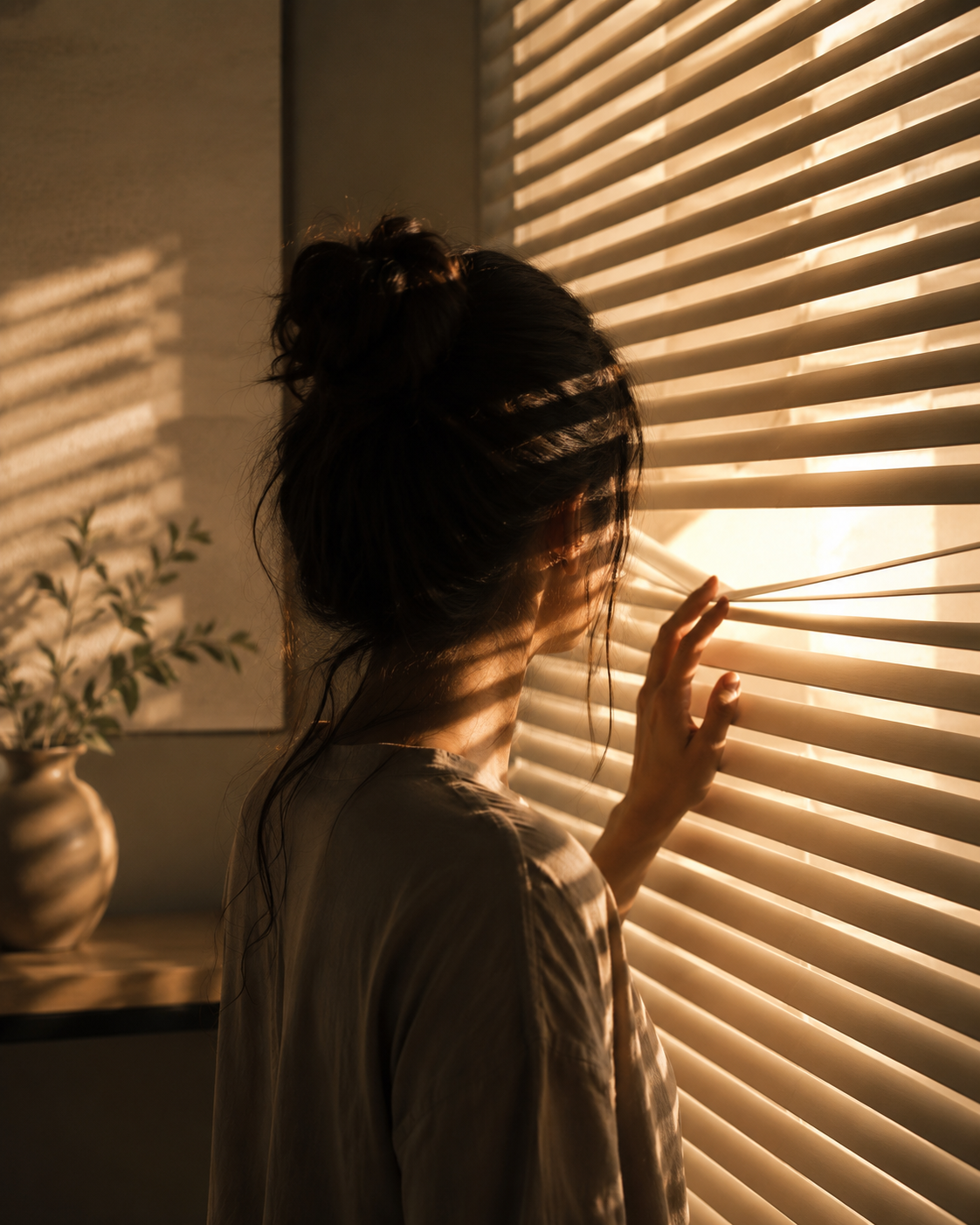 Donna di spalle che scosta le lamelle di una veneziana lasciando entrare la luce calda del tramonto